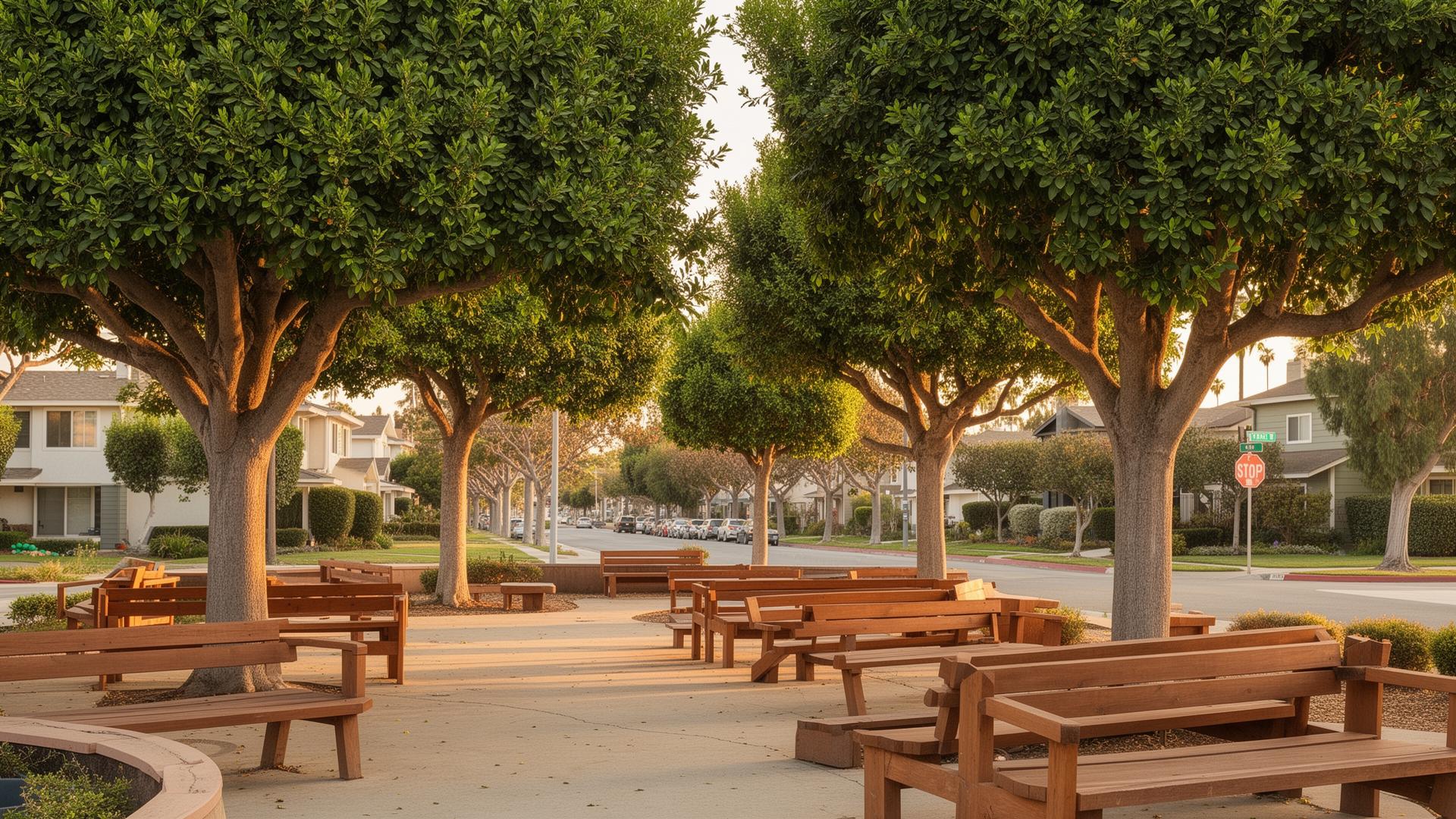 Tree-lined Torrance neighborhood with community benches under leafy trees