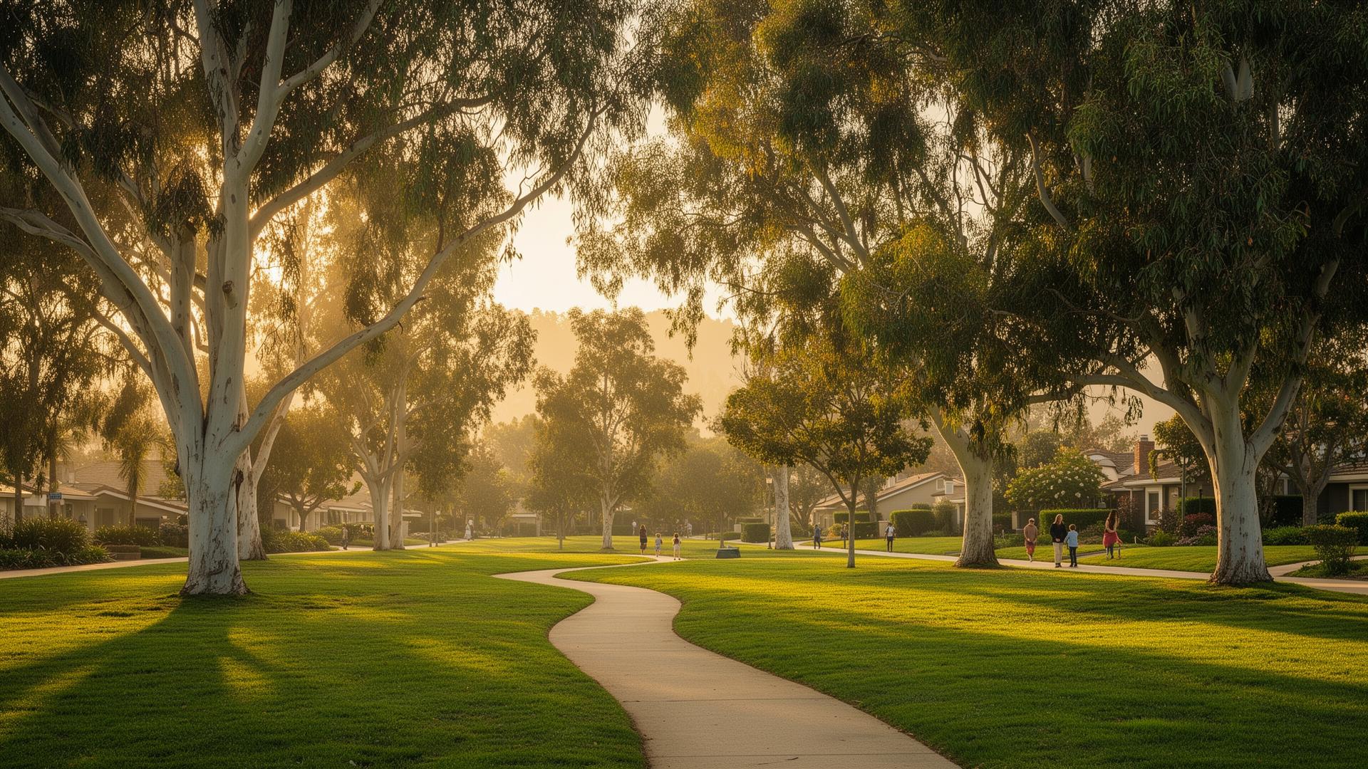 Sun-dappled Torrance park with mature trees and a winding walking path